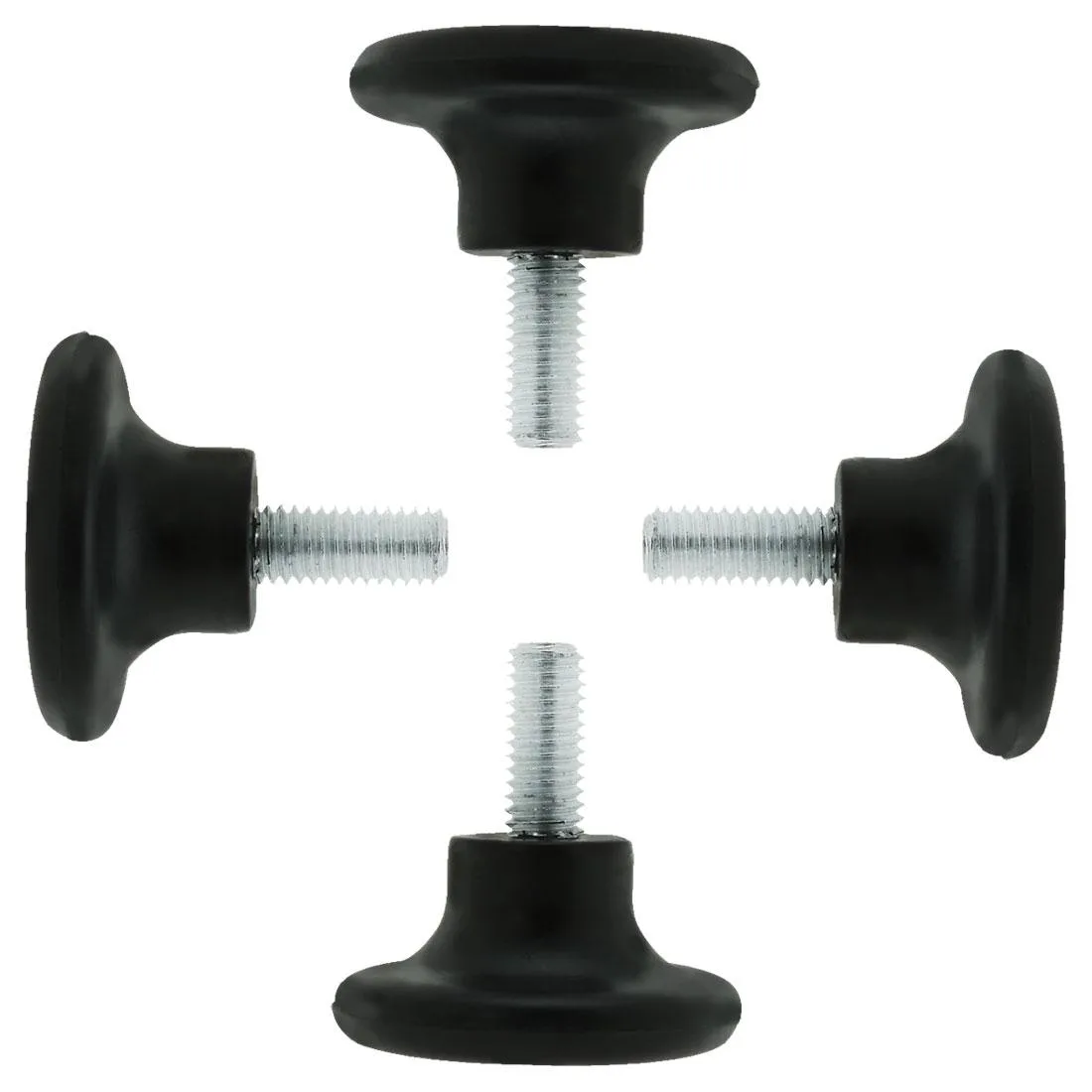 Four silver threaded feet with black plastic bases