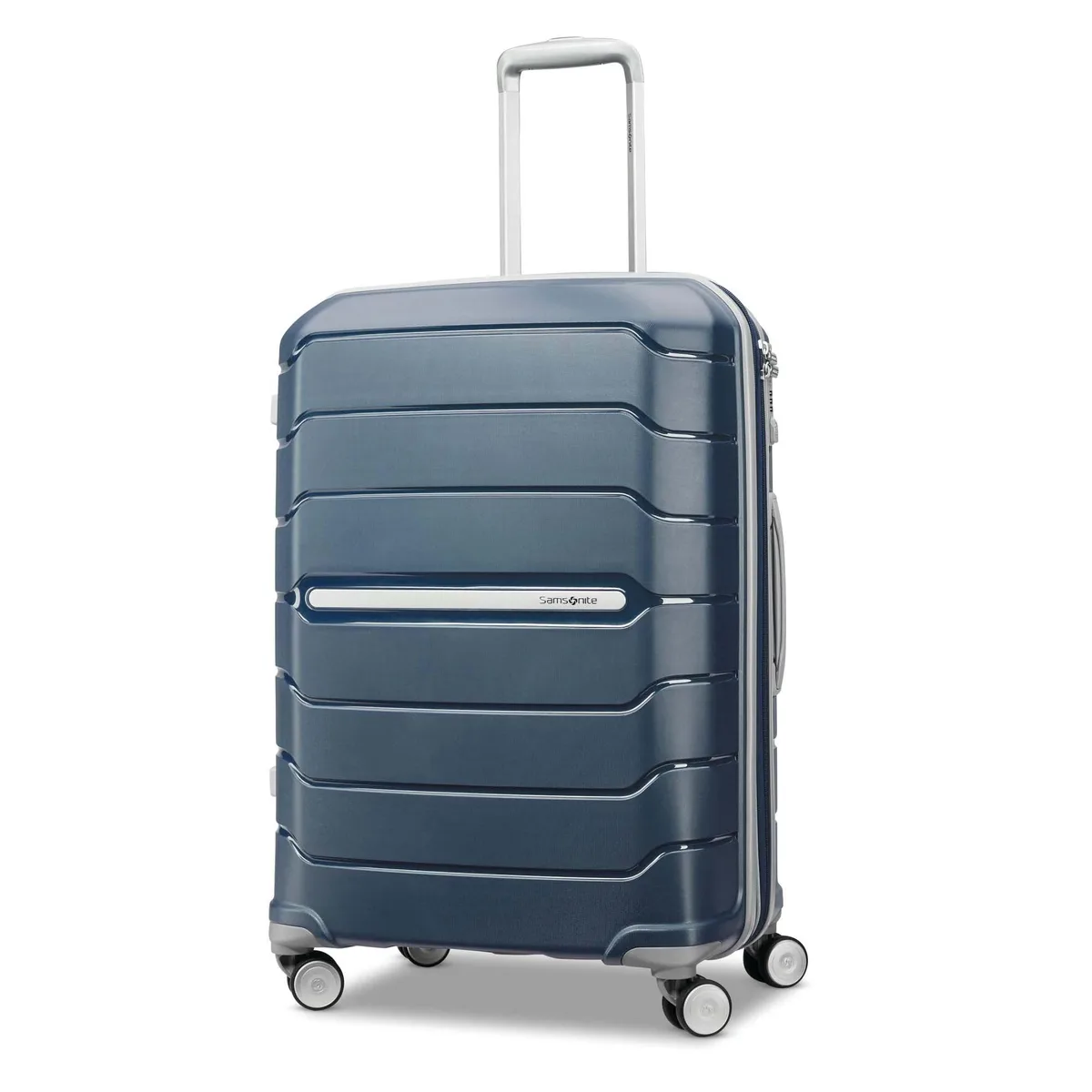 Navy 24-inch hardside spinner luggage with four double wheels
