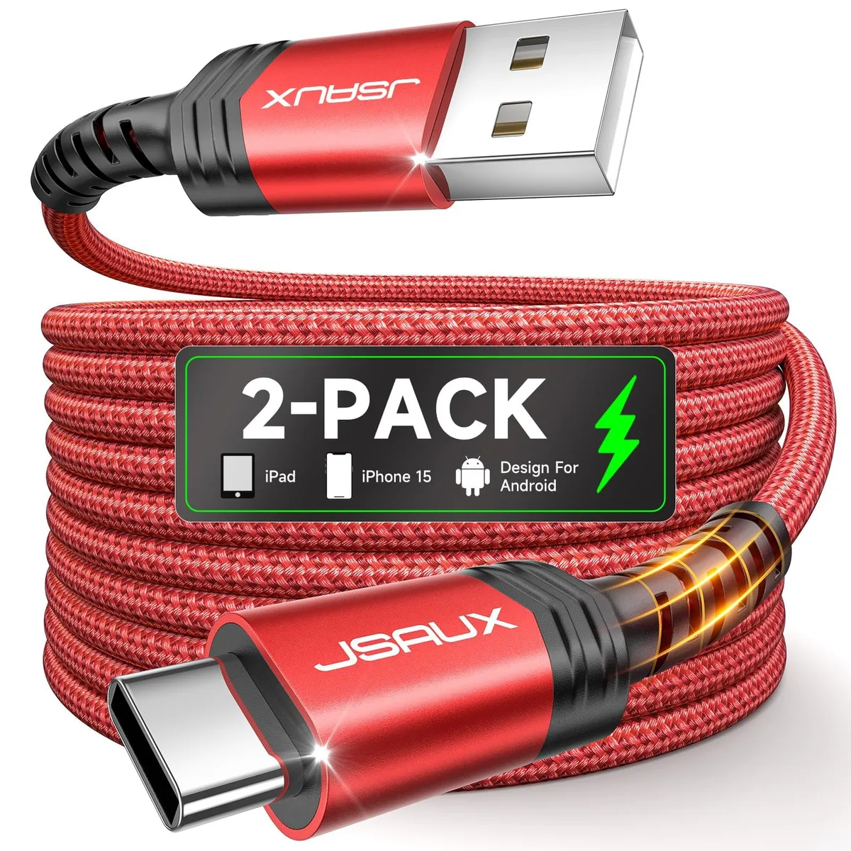 No Sew No Sew TYCNZ-2 USB A to USB C cable 2-pack 6.6ft 3.1A red — product photo
