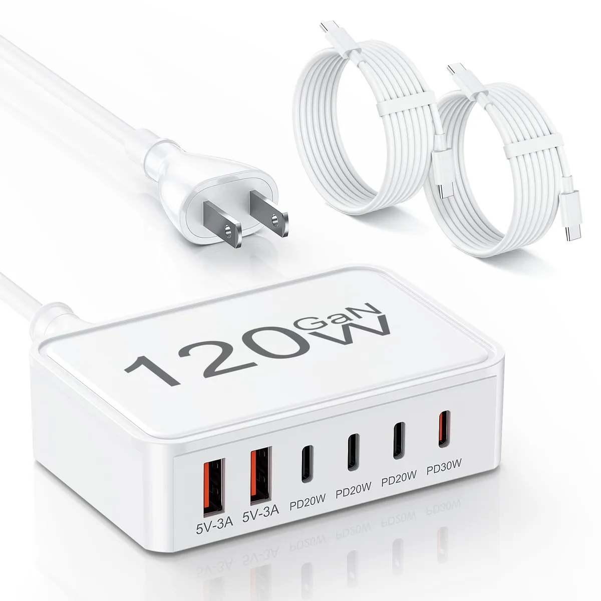  Topabol OFS-679 120W GaN USB charger 4 USB-C 2 USB-A white 5ft cable — product photo