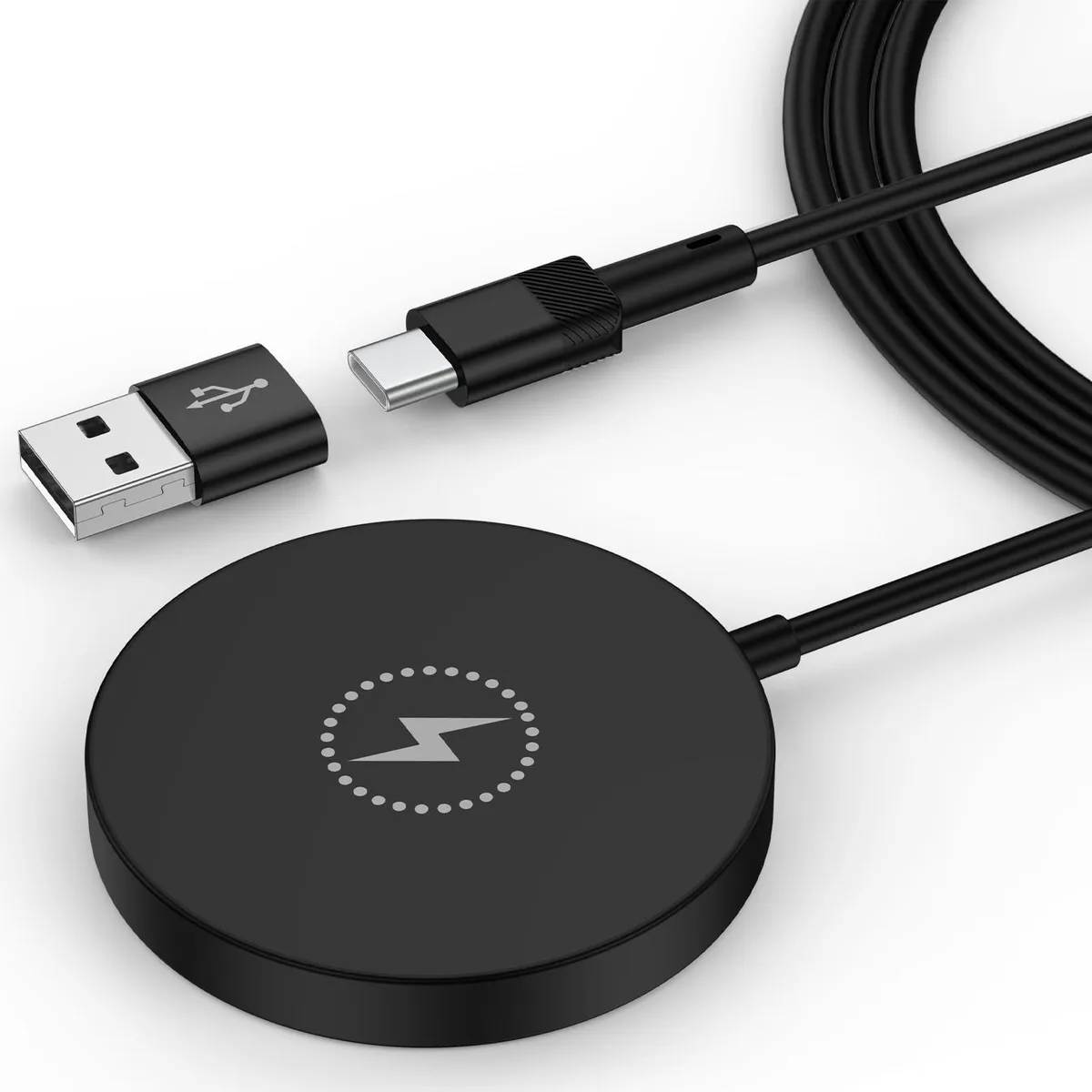 Black magnetic wireless charging pad with 4ft USB-C/A cable