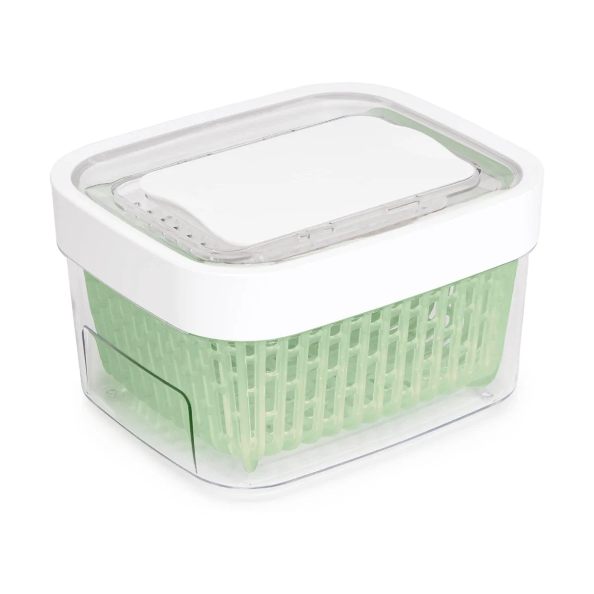 Red rectangular food storage container with lid and inner basket