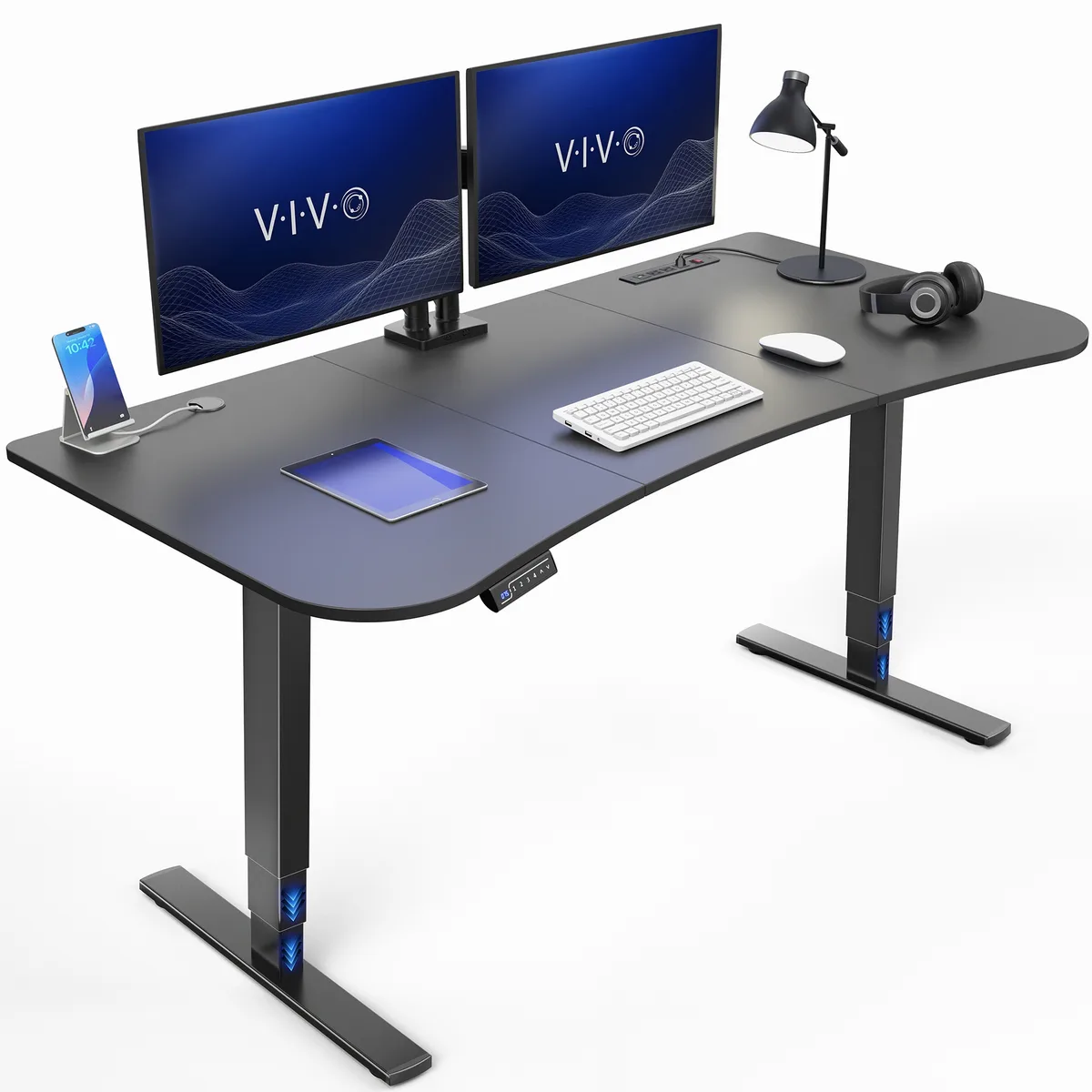 VIVO VIVO Electric Desk 63" x 32" with Power Strip, Black Top, Black Frame — product photo