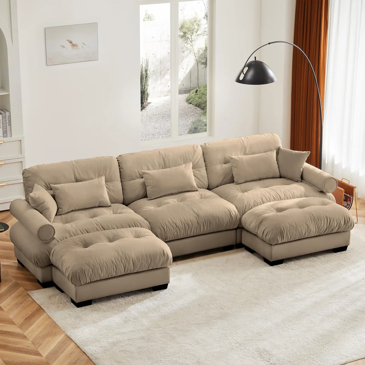 Camel velvet U-shaped modular sectional with two movable ottomans, bolster armrests, throw and waist pillows