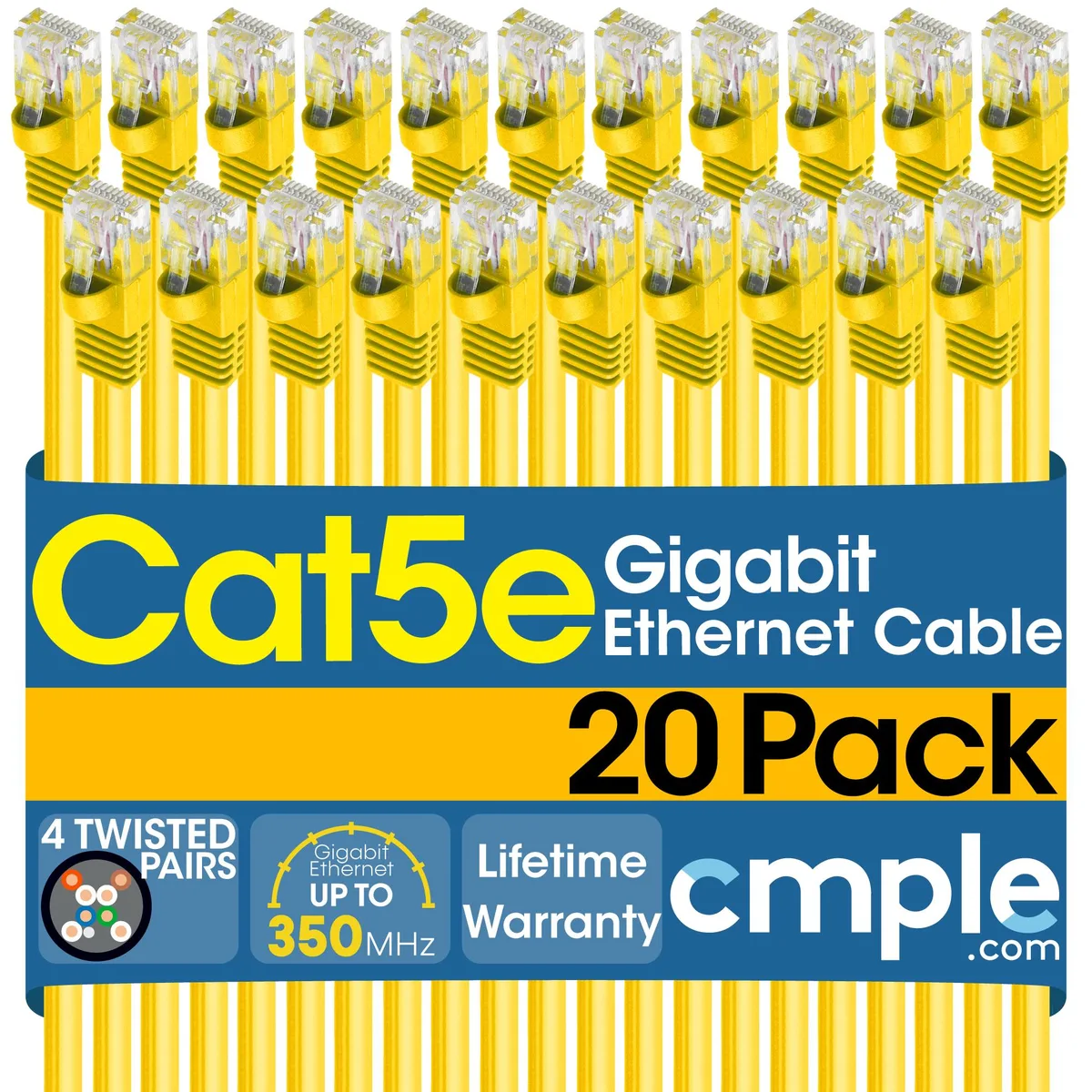 CMPLE CMPLE 20 Pack Cat5e Ethernet Patch Cable 1.5 ft Yellow 350 MHz RJ-45 — product photo