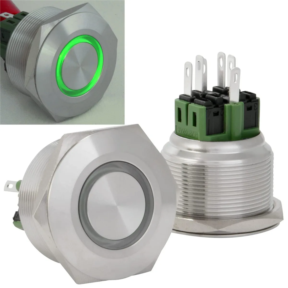 JacobsParts Inc. JacobsParts Inc. LTCH-B8-GRN 30mm Latching Push Button Disconnect 12V Green LED IP67 Stainless Steel — product photo