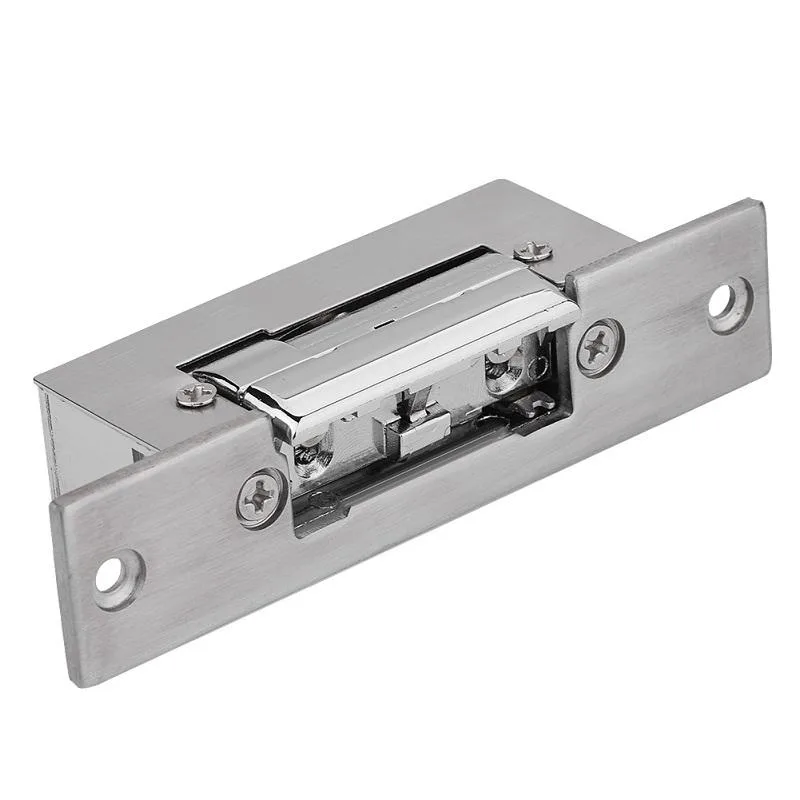 Silver rectangular electric strike lock with zinc alloy latch, plastic body, 11 by 2.5 by 3 cm