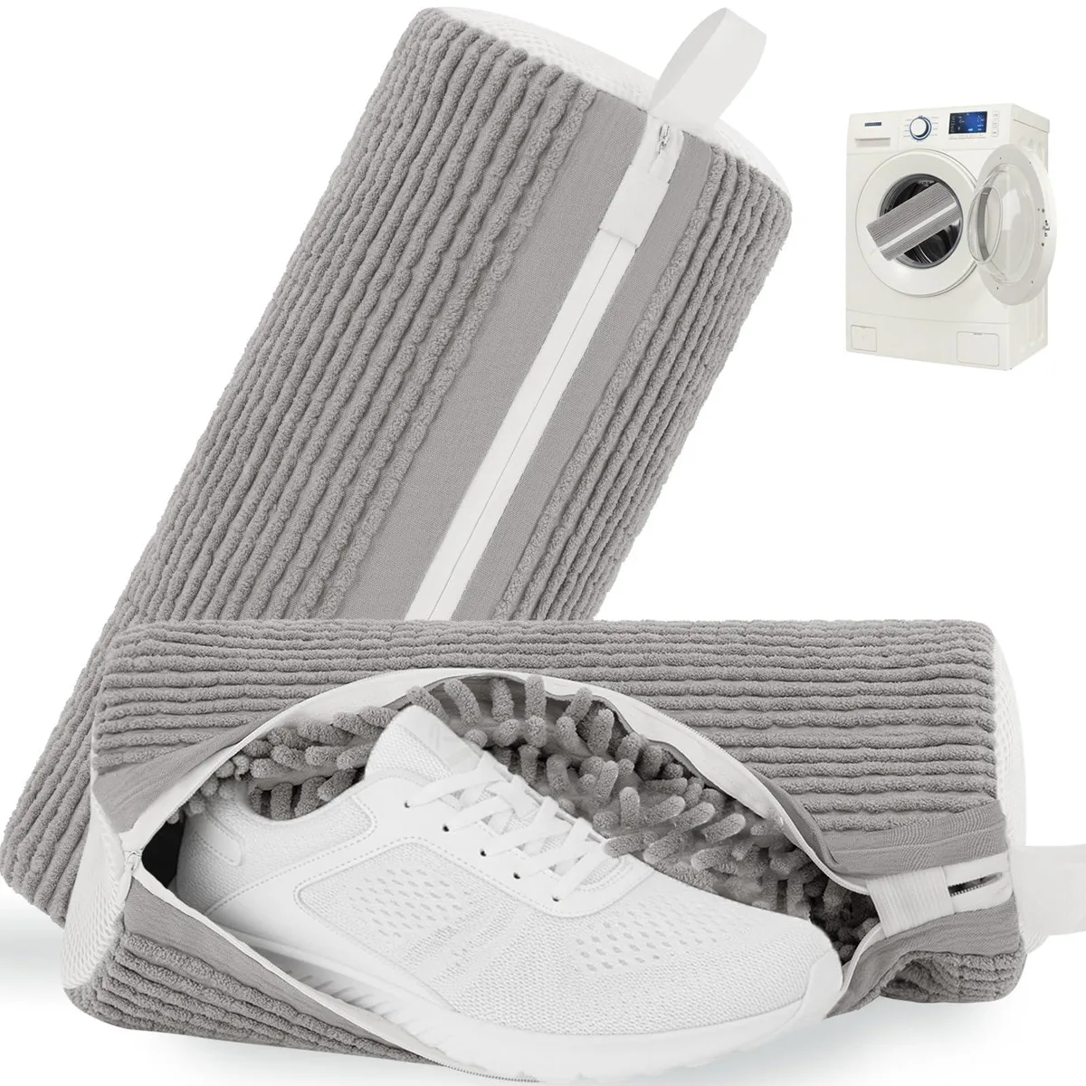 Two yellow mesh shoe laundry bags with side zippers and hanging loops