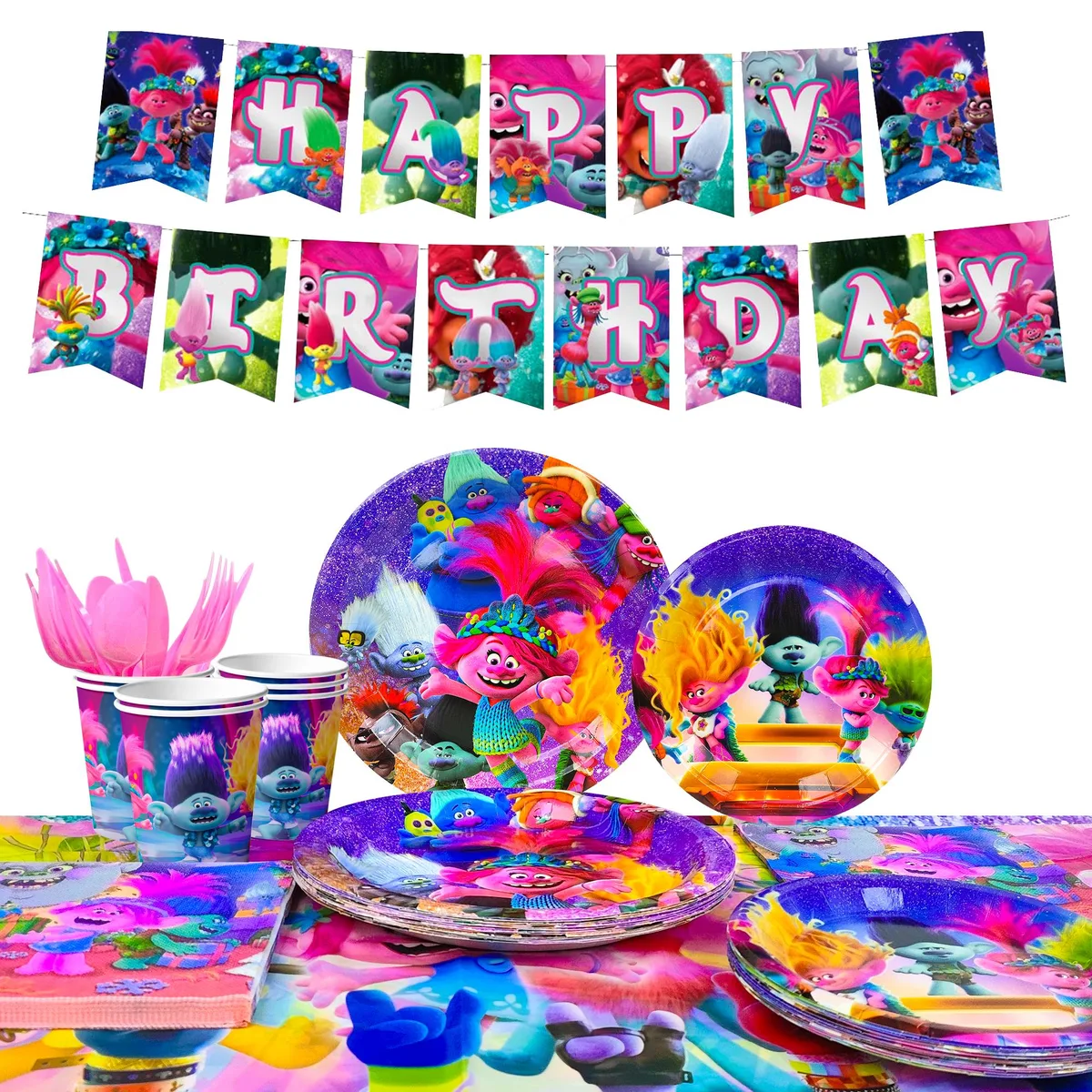 Colourful Trolls party tableware set for 16 guests on white background