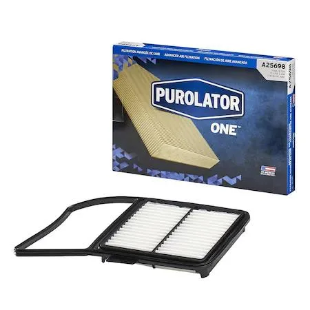 White rectangular automotive air filter with pleated media and orange PUROLATOR branding