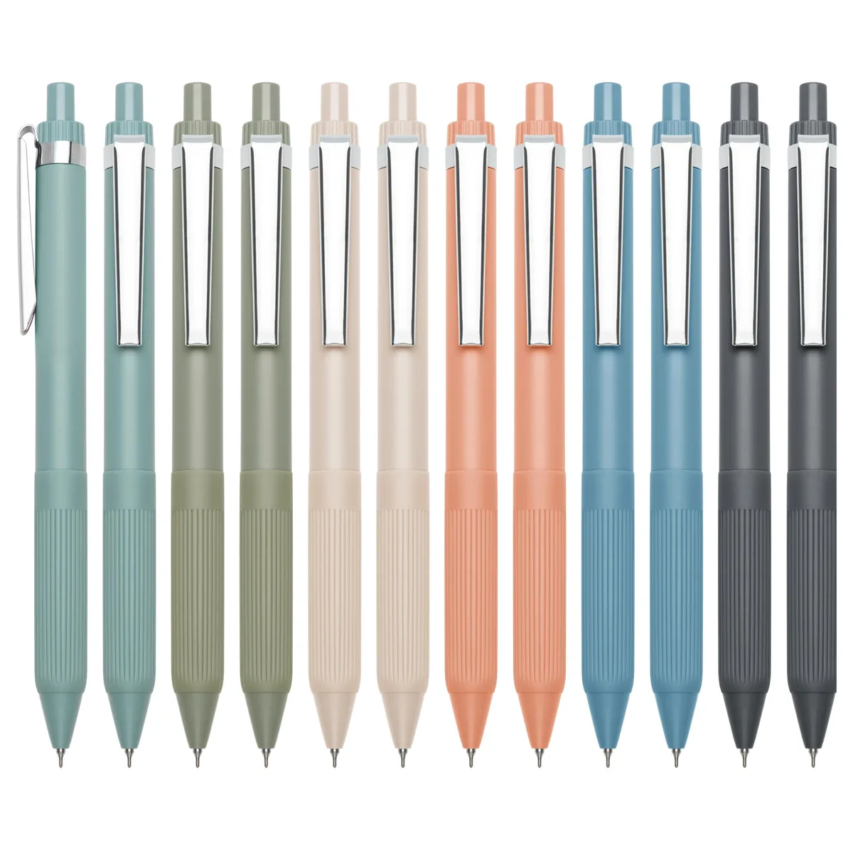 Twelve blue retractable gel pens with soft leather grip and metal clips