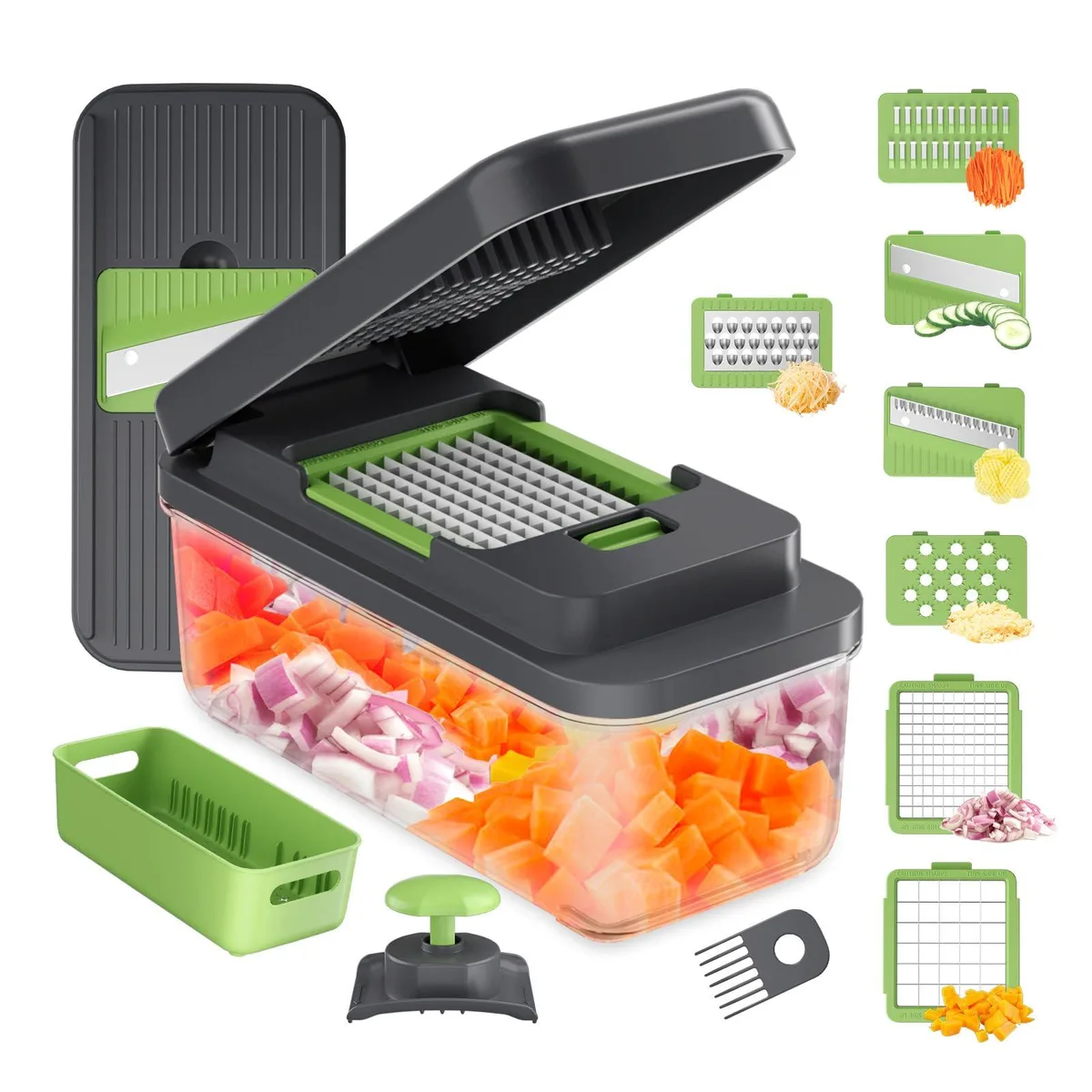 White manual food chopper with clear 1.3 L container and stainless steel blades
