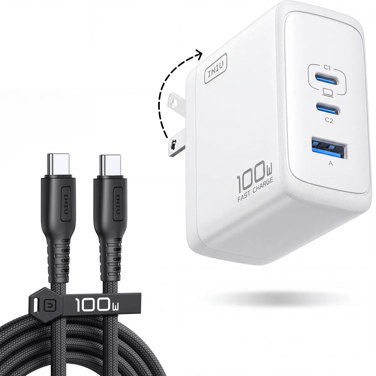 White rectangular GaN charger with three ports, foldable prongs and a coiled USB-C cable