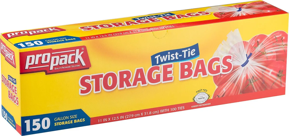 Pack of 150 beige plastic gallon storage bags with twist ties