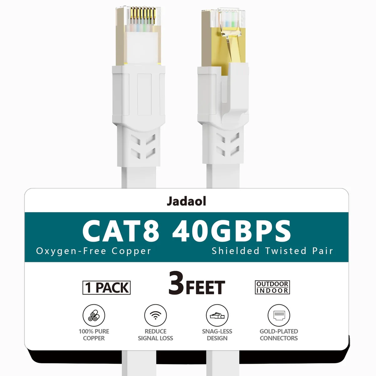 No Sew No Sew Cat 8 network ethernet cable 3 ft 40Gbps 2000MHz flat RJ45 S/FTP white — product photo