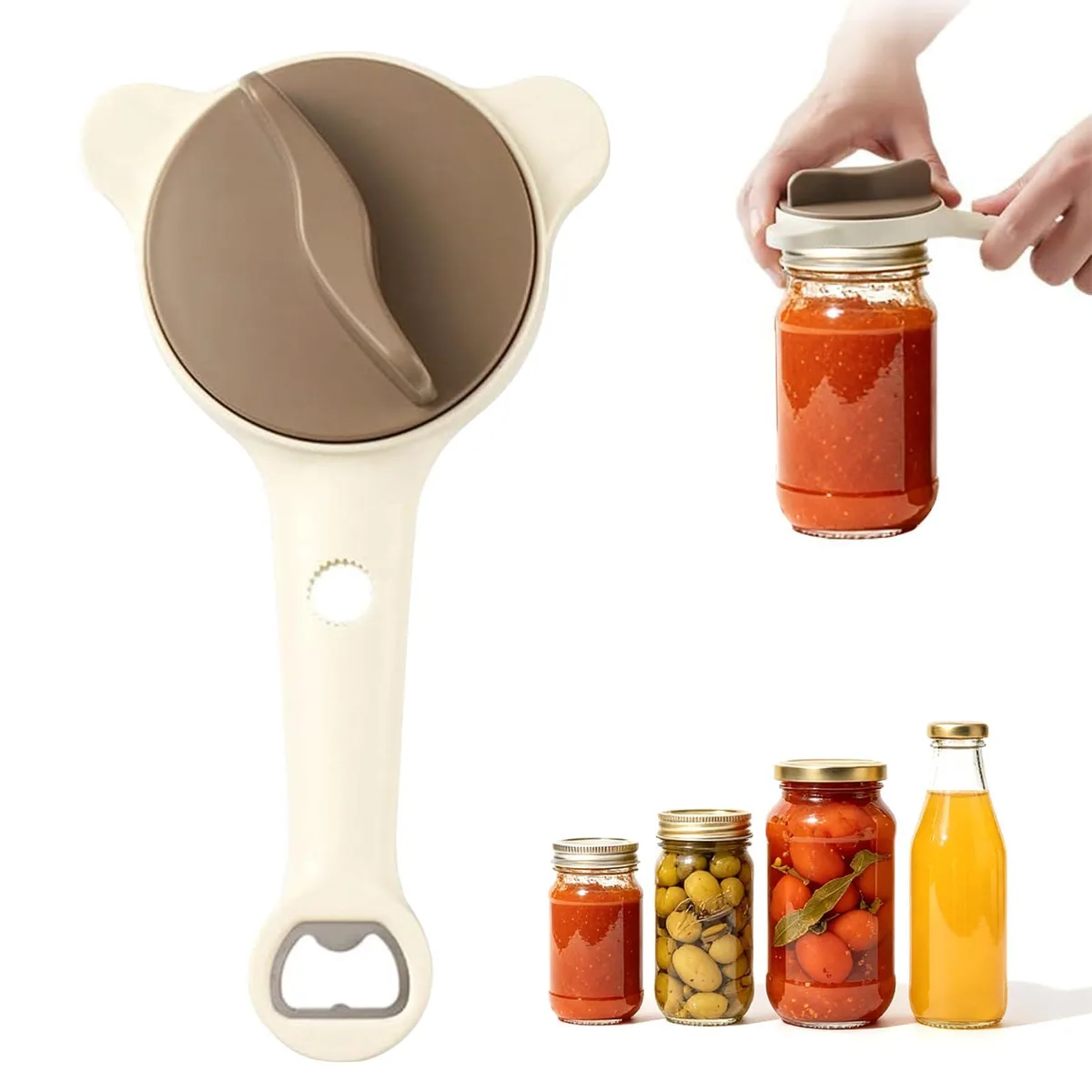 Brown stainless steel 4-in-1 jar opener with adjustable three-prong grip and ergonomic handle