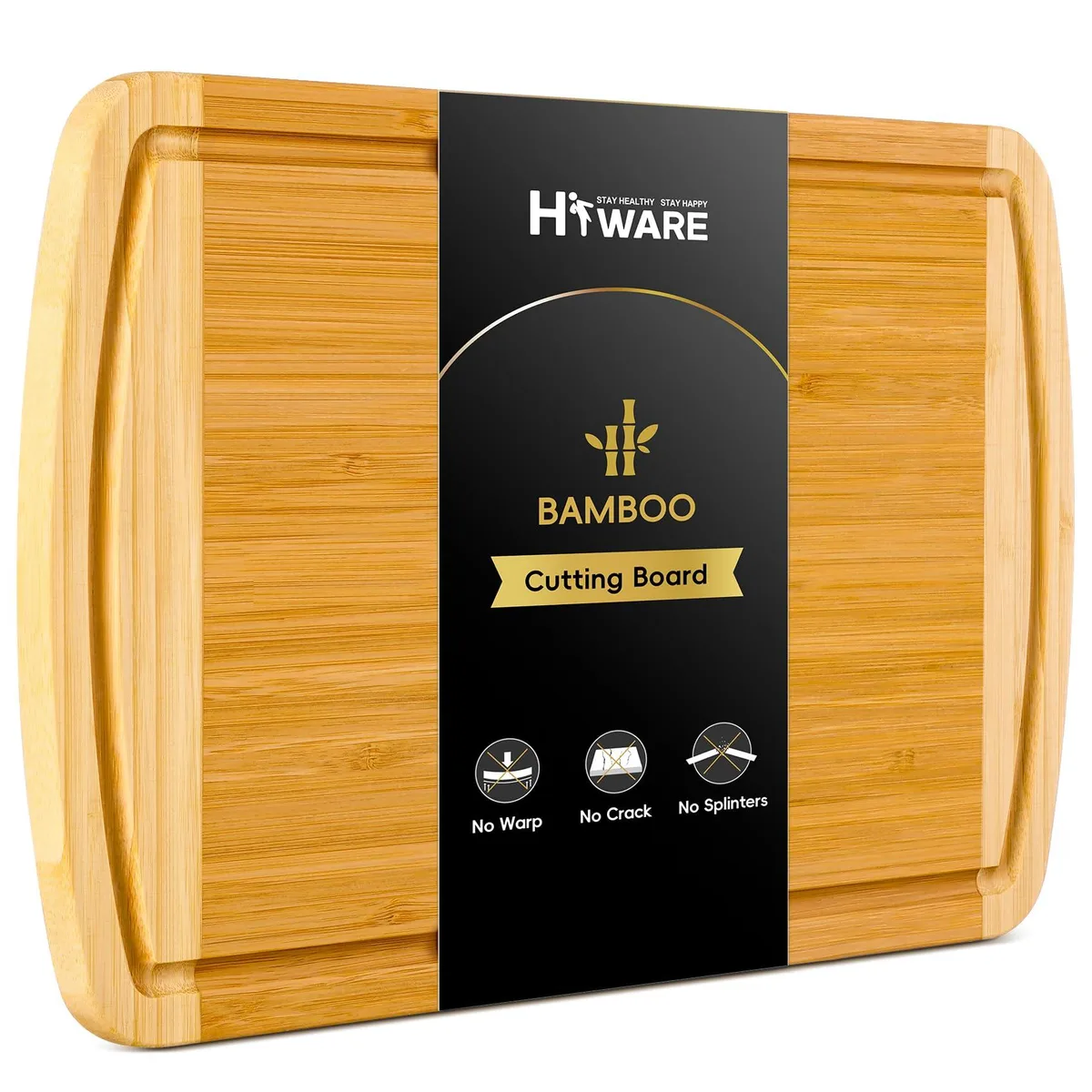 Rectangular bamboo cutting board with juice groove and side handles, two-tone finish