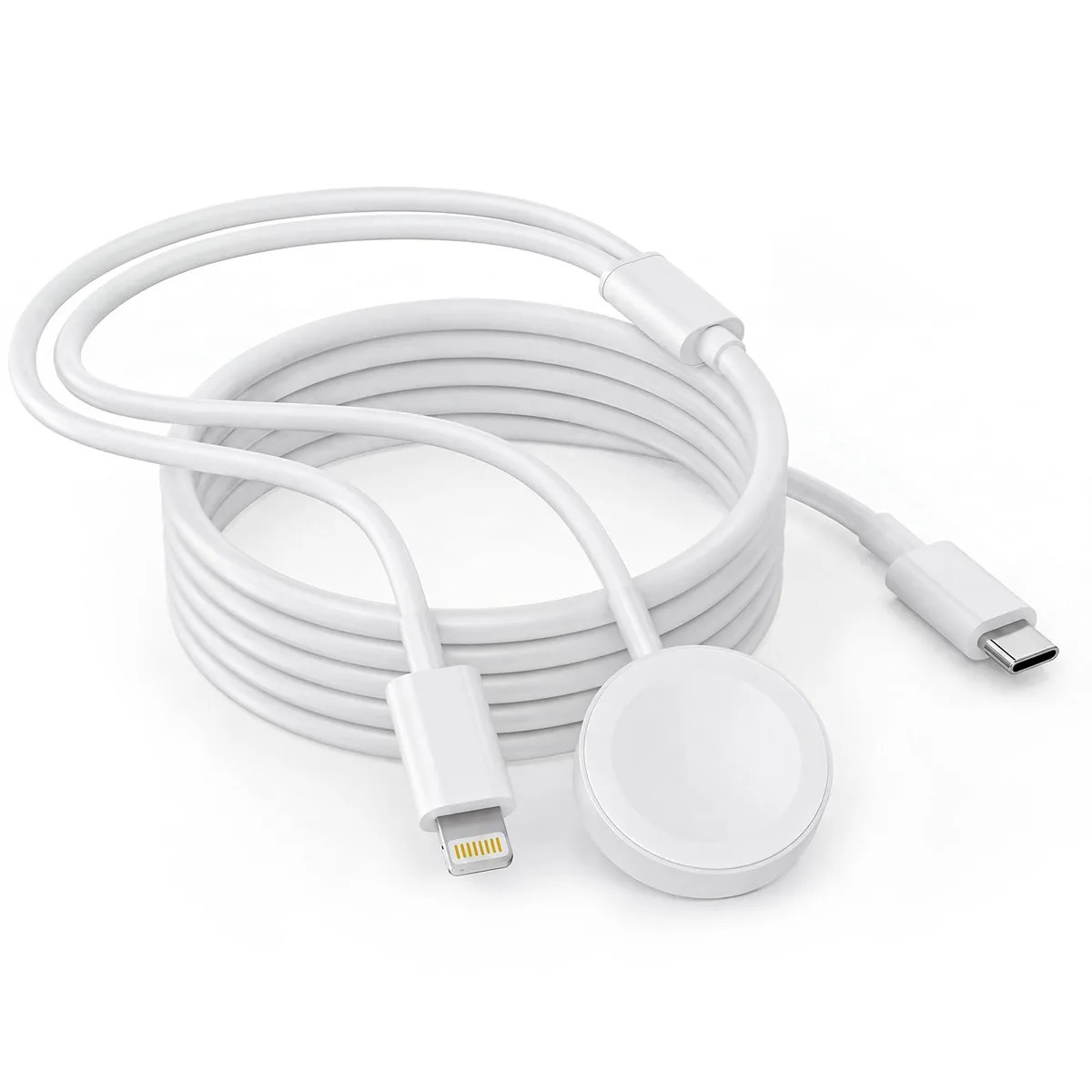 White 2-in-1 USB-C cable with magnetic Apple Watch puck and Lightning tip, 6.6ft long