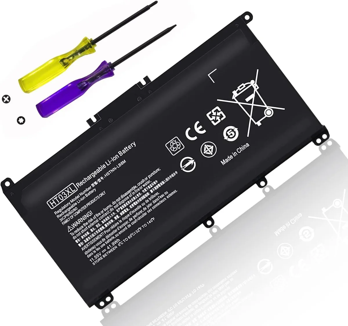 Rectangular black lithium-ion laptop battery with label showing 41.9 Wh 11.55V