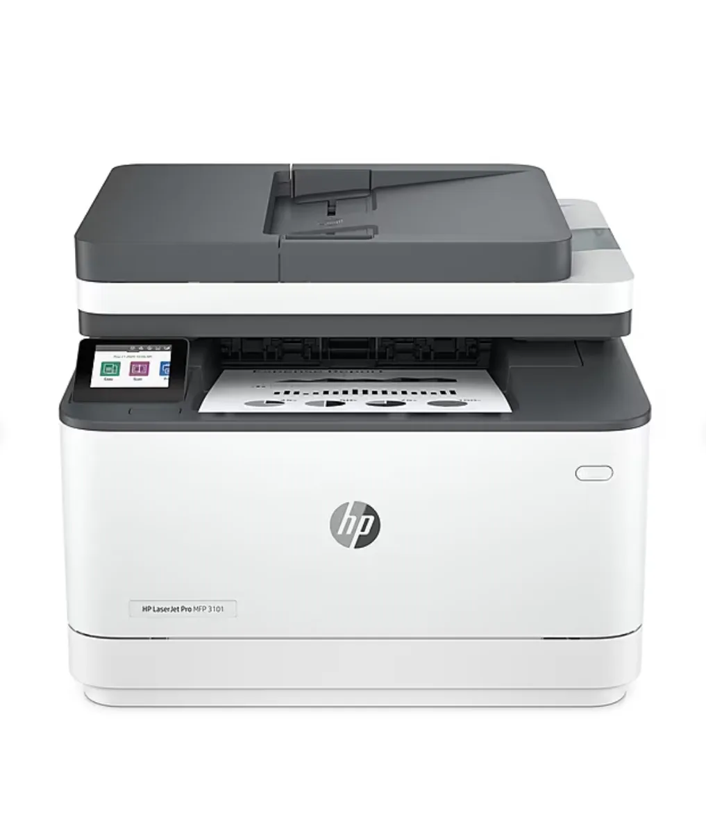 Compact white HP LaserJet Pro multifunction printer with scanner lid and output tray
