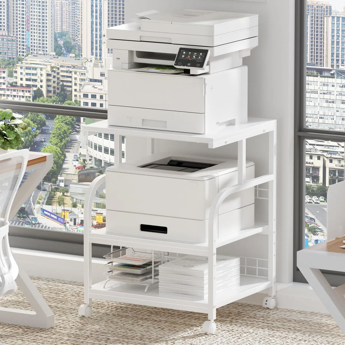 White three-tier printer stand on lockable wheels, steel frame with wood shelves, 23.6 by 18.9 by 30.2 inches