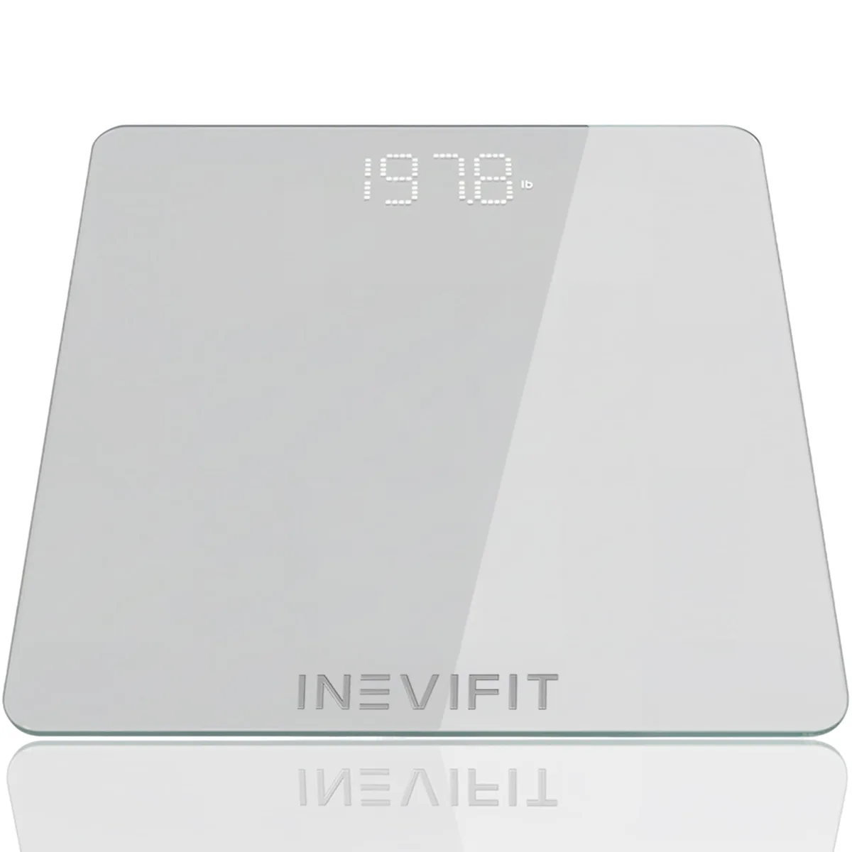 Silver square digital bathroom scale with tempered glass platform and large LED display
