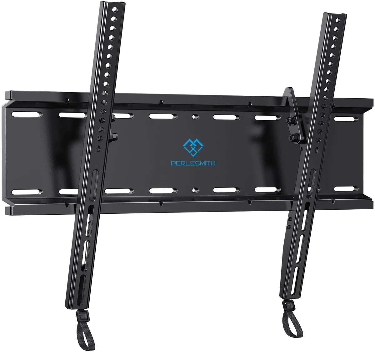 Black steel tilting TV wall mount, low-profile flat plate with VESA brackets visible