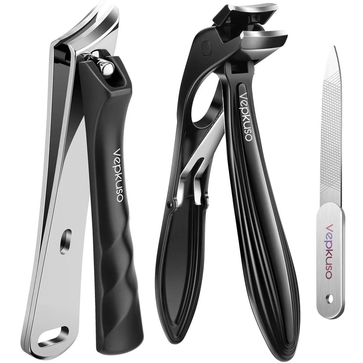 Blue stainless steel angled toenail clippers with catcher, ergonomic non-slip grip, 10.2 cm long