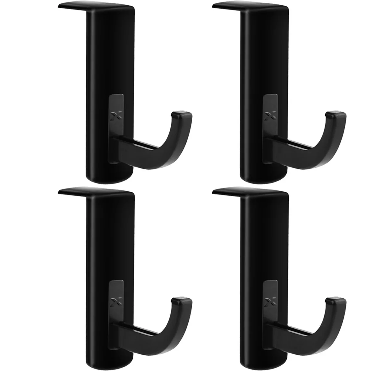 Four small black plastic hooks in a row, each 7.5 by 2.5 by 5.3 cm
