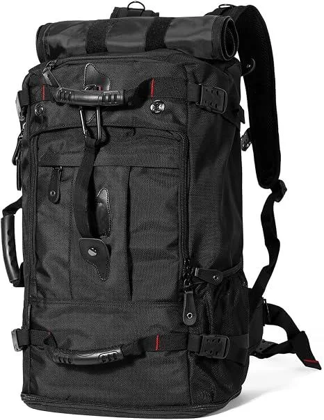 Black 60L expandable duffle-backpack hybrid in polyester with laptop compartment