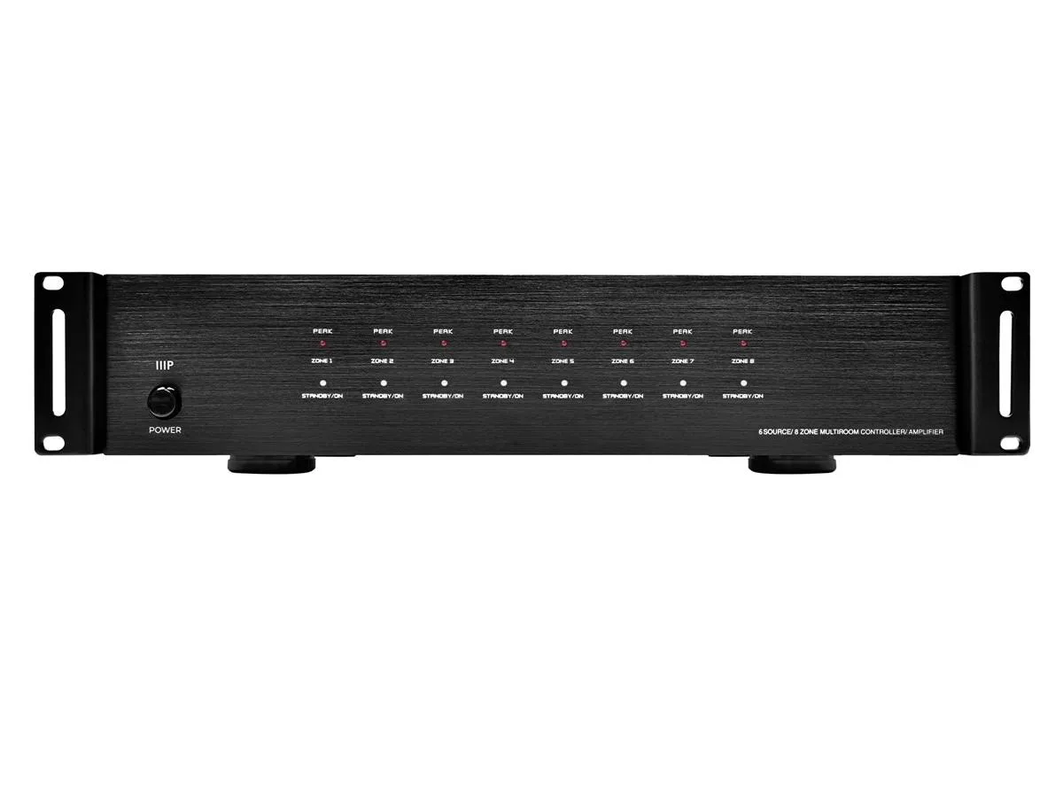 Black rack-mount audio controller with front-panel buttons and display
