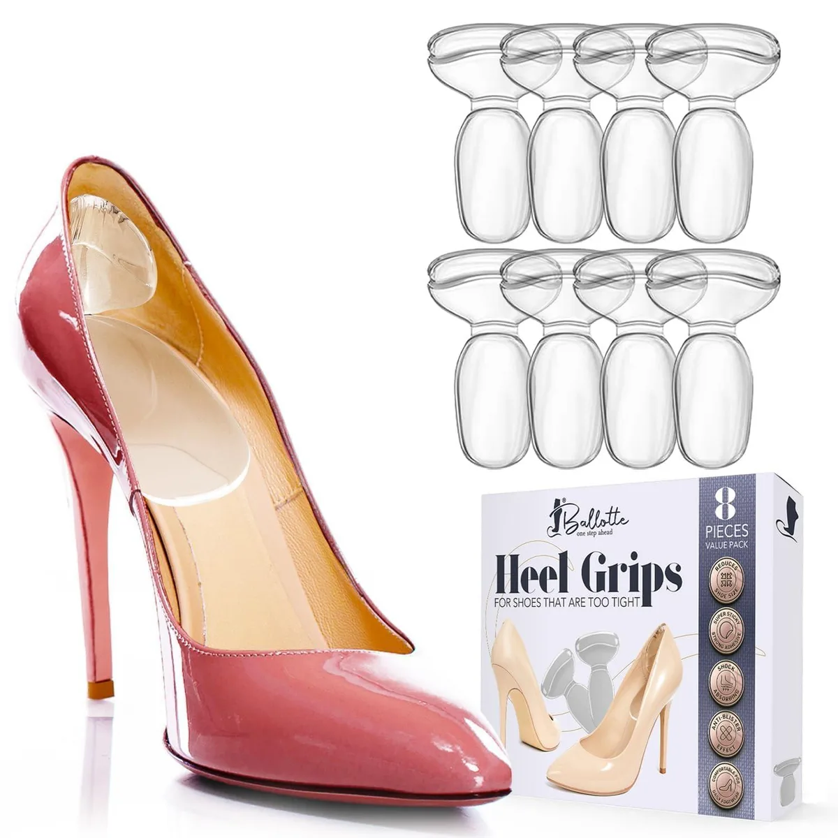 Eight pairs of black silicone heel pads with adhesive backing