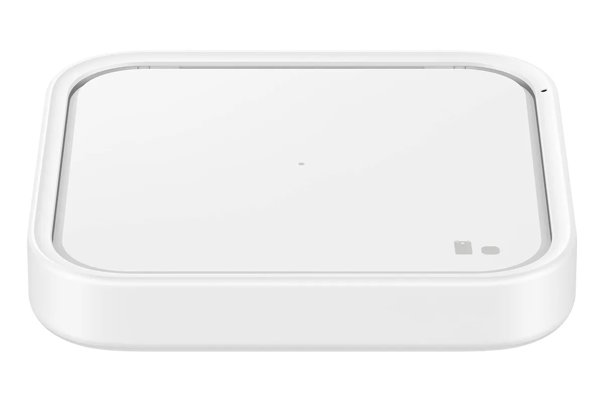 White rectangular wireless charging pad with flat surface and subtle branding