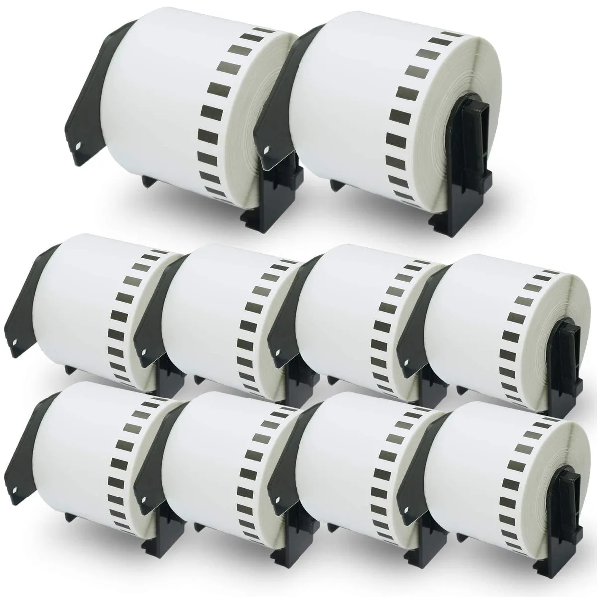 Ten rolls of white continuous thermal labels in refillable cartridges