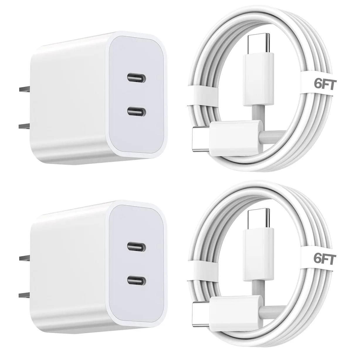 Two compact white USB-C wall chargers with dual ports and two long white USB-C to USB-C cables