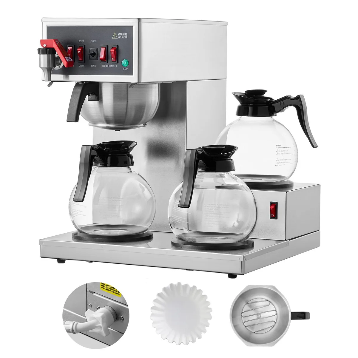 VEVOR VEVOR FRB-286-BD3 12-Cup Commercial Drip Coffee Maker with 3 Glass Carafes and 3 Warmer Plates — product photo