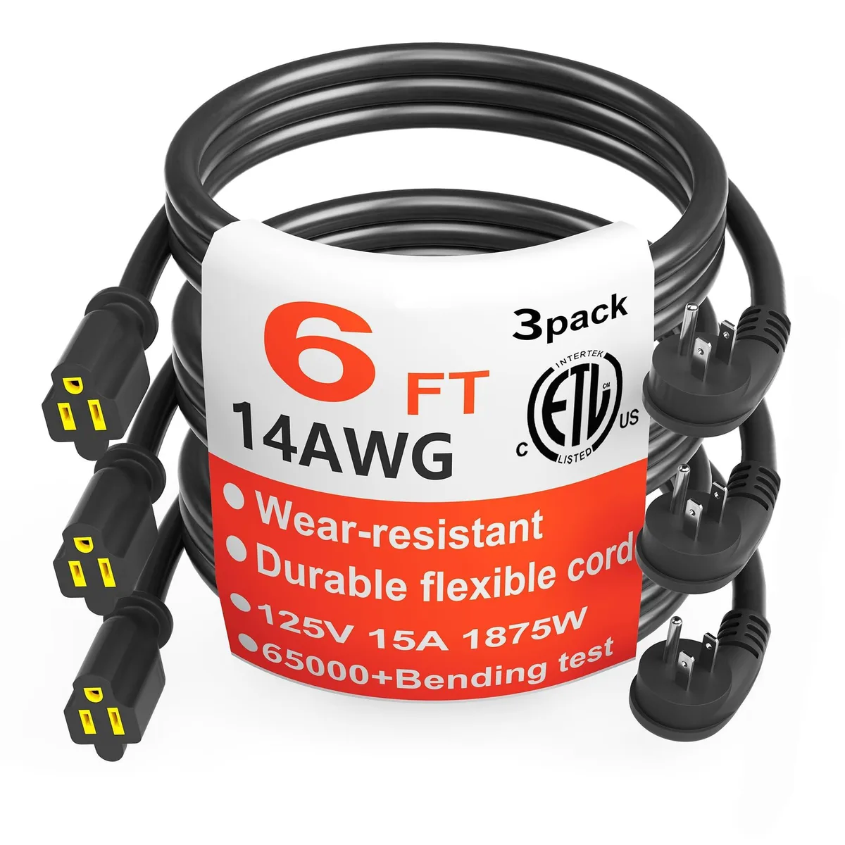  huanchain 14 AWG 6 ft 3-Pack Flat Plug Extension Cord Black — product photo