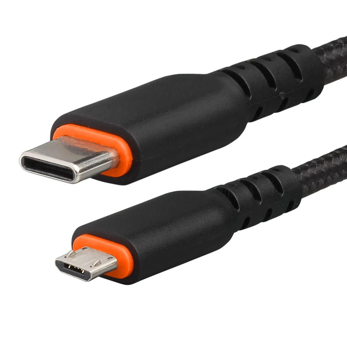Black nylon braided USB-C to Micro-USB cable, male-to-male connectors, two metre length