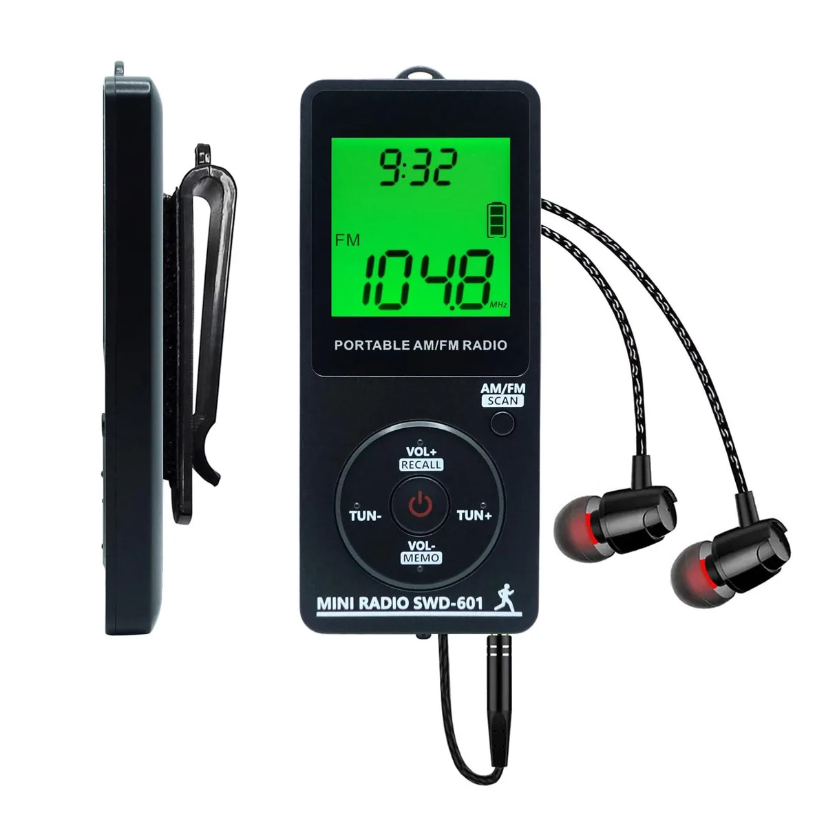 Small rectangular pocket radio with LCD screen, earphone jack, and belt clip