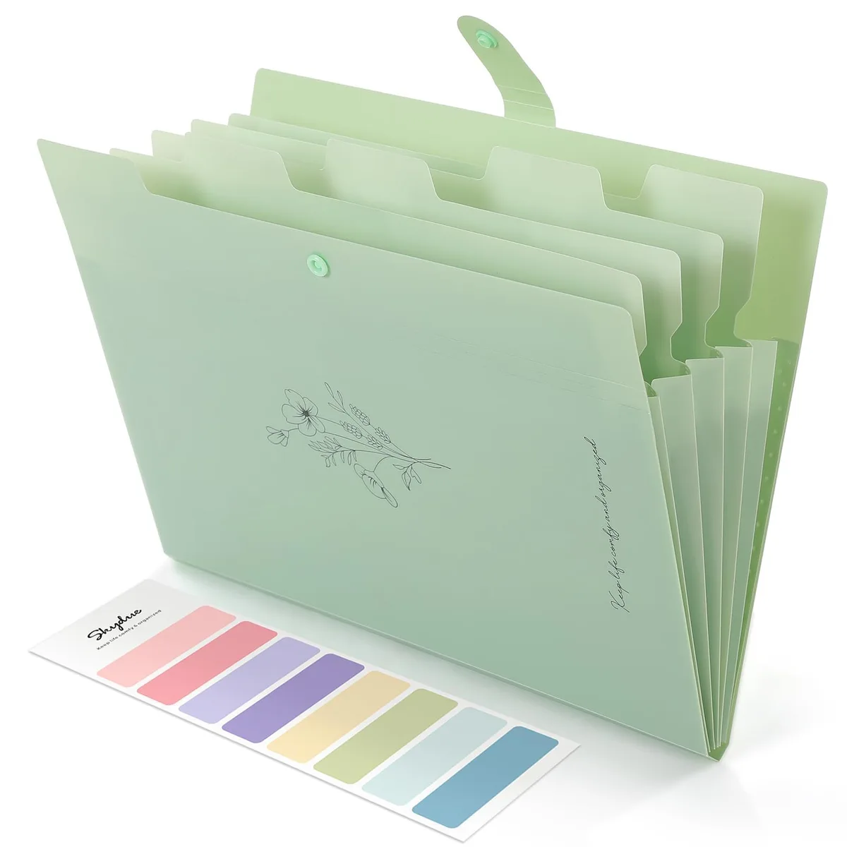 Pea green expanding file folder with five pockets, accordion style, polypropylene finish