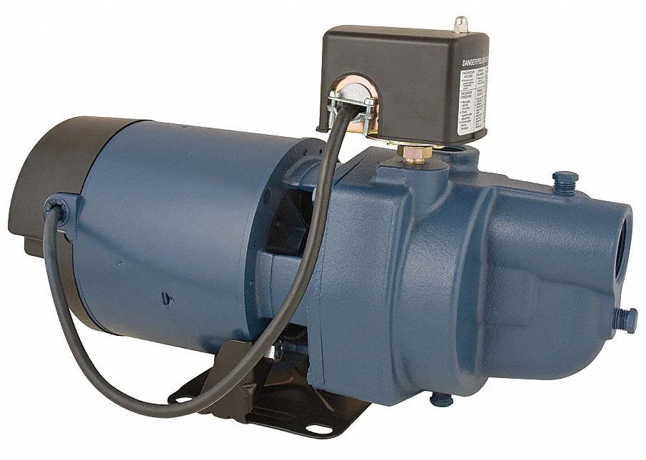 Shallow well jet pump, painted metal housing, motor and ejector assembly, pressure switch visible