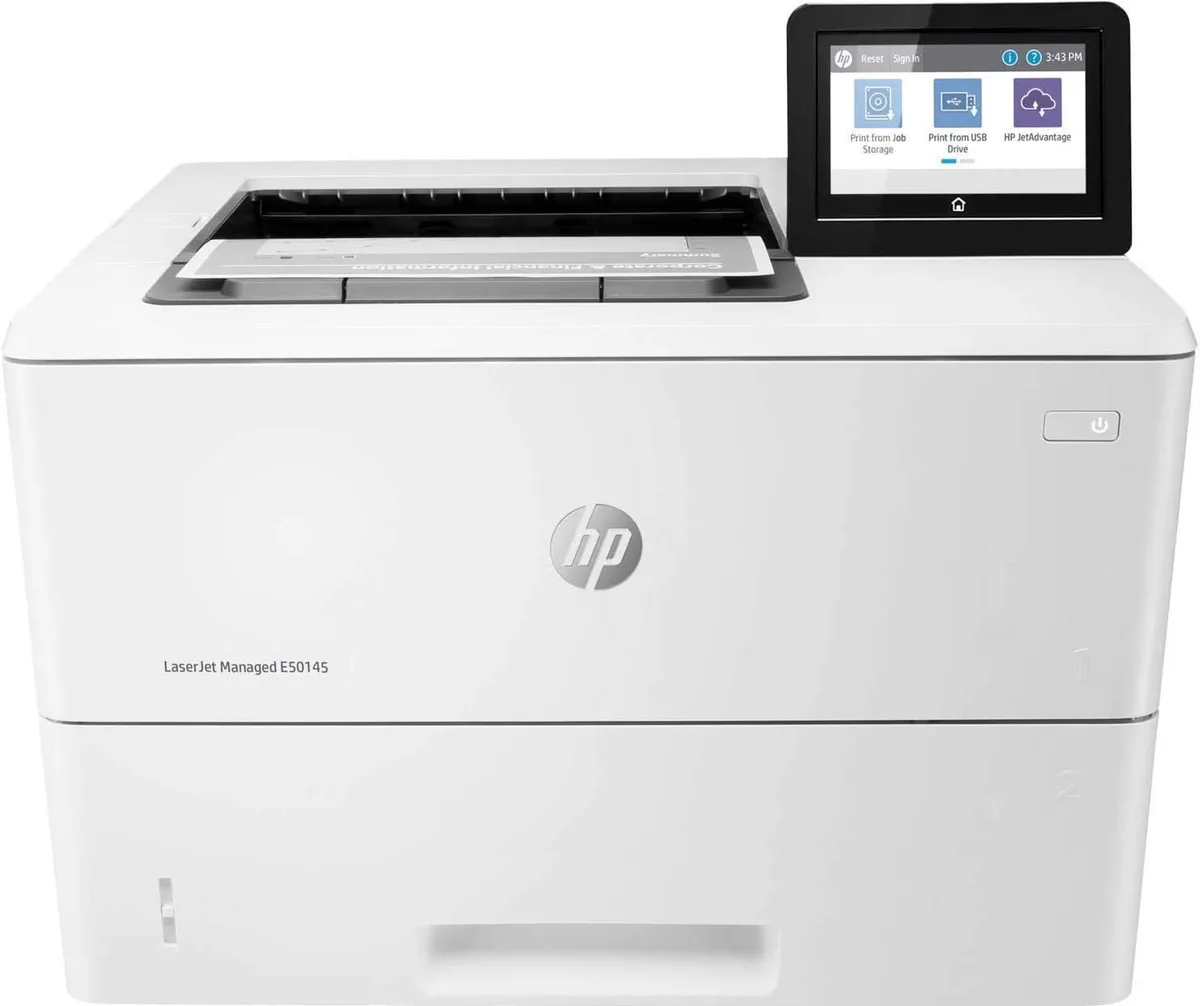 White rectangular office laser printer with touchscreen and paper trays