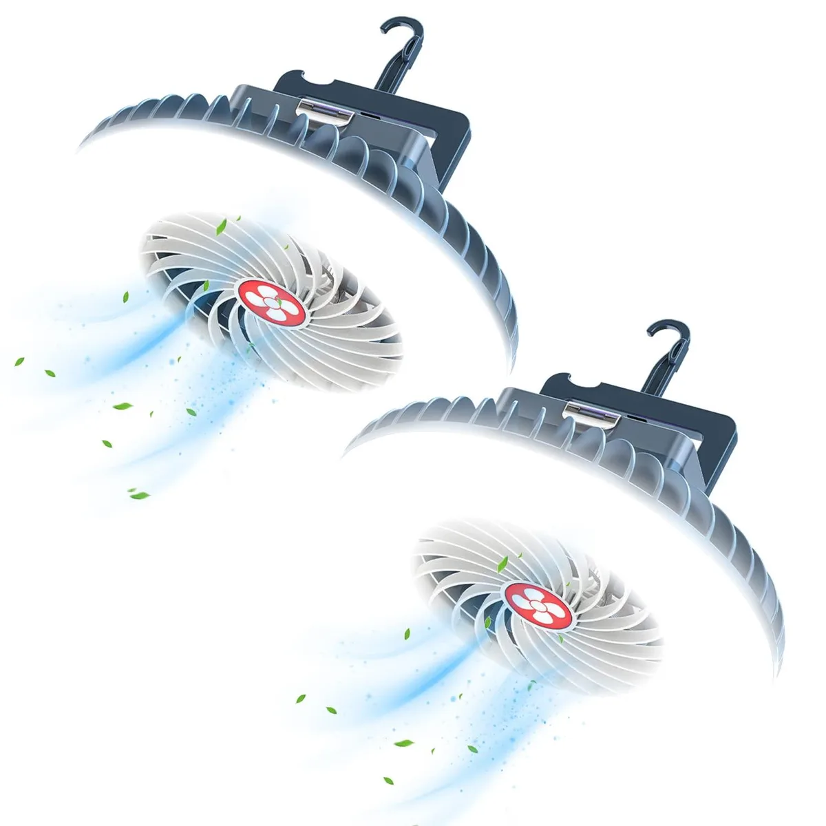 Two silver cylindrical fan-lantern units with fold-out hooks and magnetic bases
