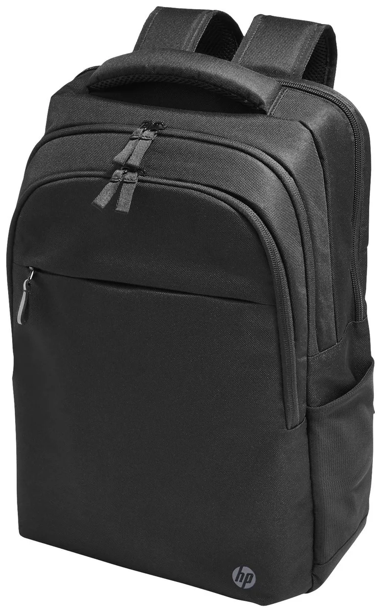 Black polyester laptop backpack with front zip pocket and padded straps