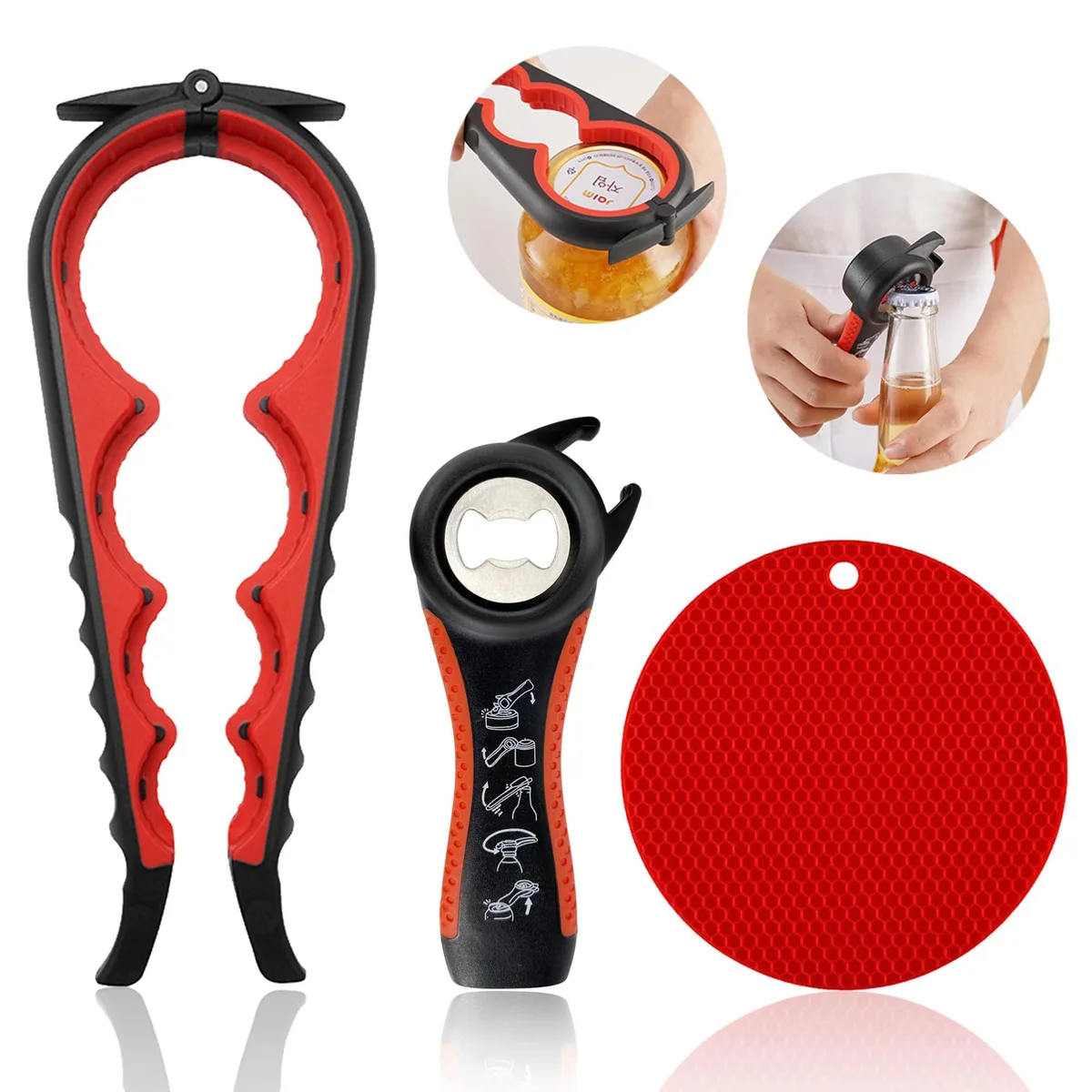 Red 5-in-1 jar opener set with ergonomic handles and non-slip gripper pad