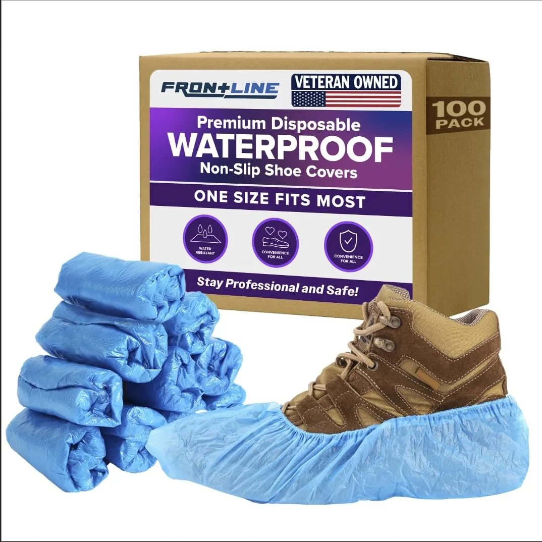 Pack of 100 blue disposable plastic shoe covers with elastic openings and textured soles