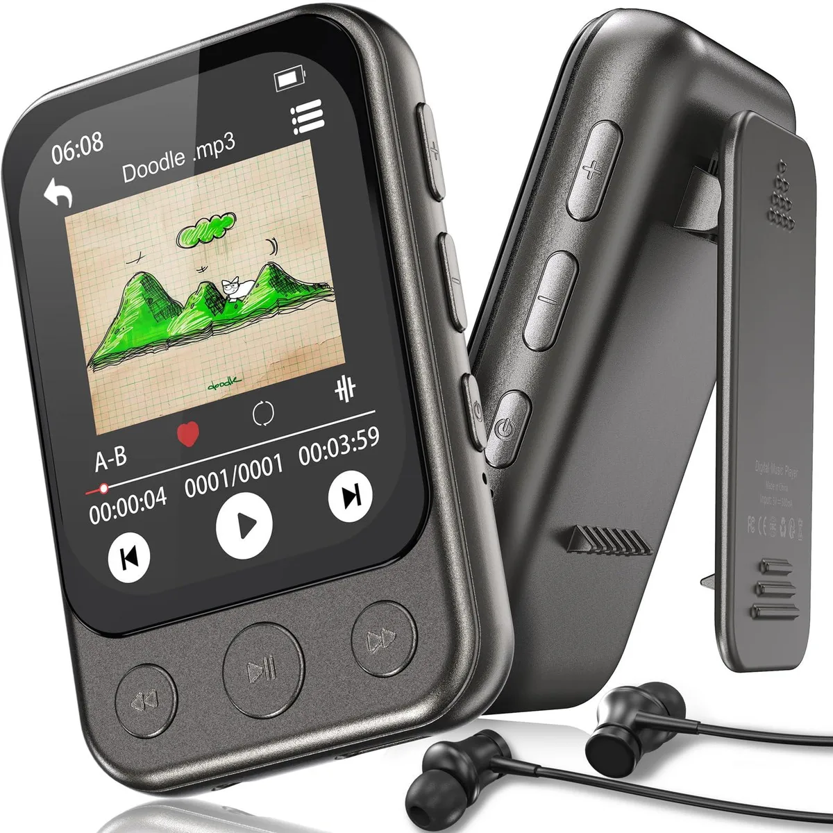 ODEJOI 64GB Clip MP3 Player Bluetooth 5.3 Gunmetal Grey — product photo