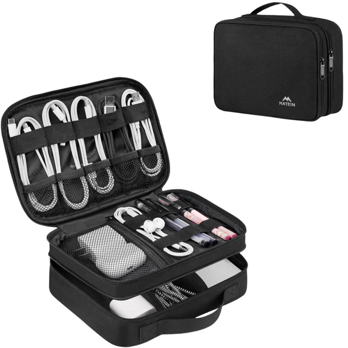 Small grey nylon travel case with double zippered layers, elastic loops and mesh pockets, padded dividers and a carry handle
