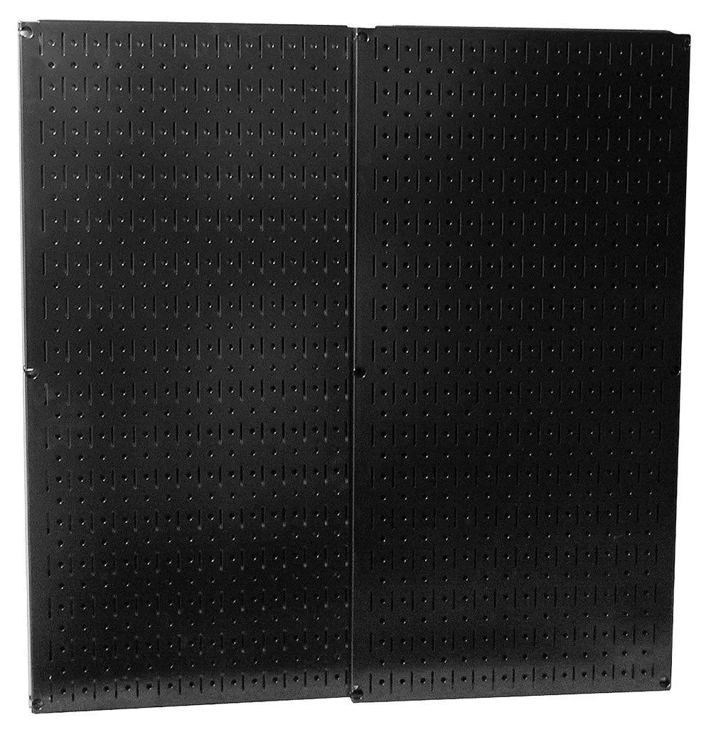 Two black metal pegboard panels 32 by 16 inches with powder coated finish