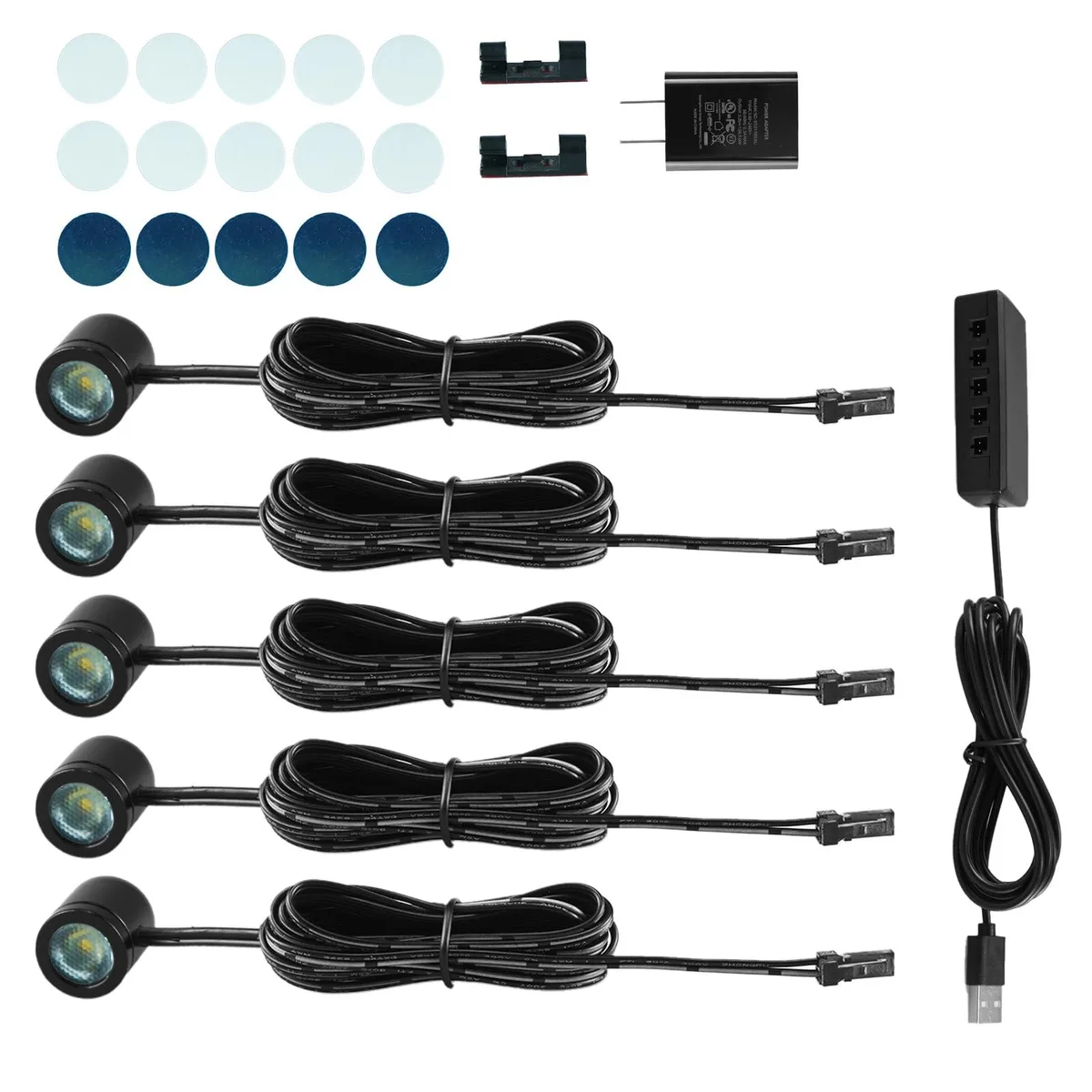 Five small white cylindrical spotlights with USB cable and splitter hub